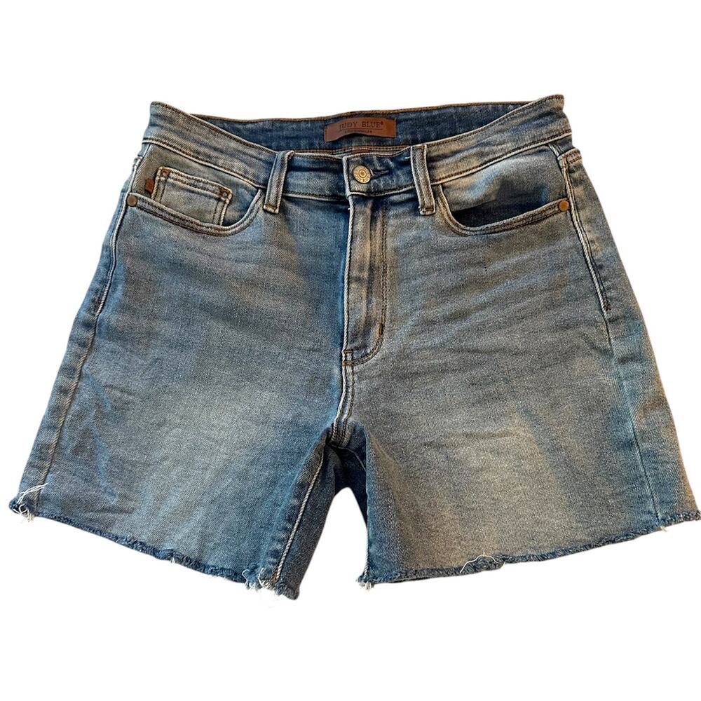 Judy Blue Womens Large Light Wash Denim Cutoff Shorts Raw Hem Stretch Mid Rise